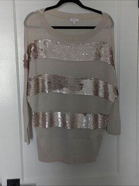 Reiss Beige Crewneck Sweater with Sequin Stripes
